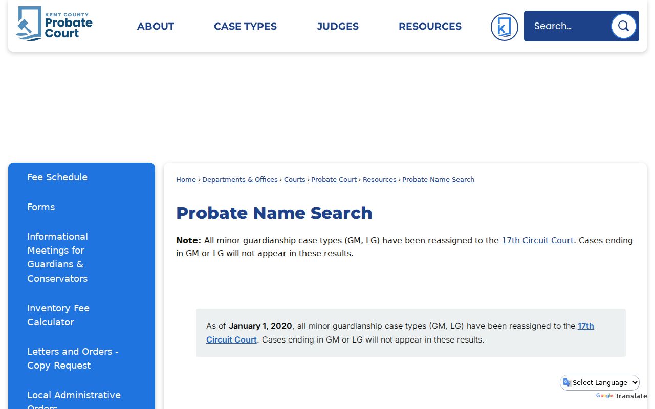 Kent County case lookup Probate Name Search reassignment notice