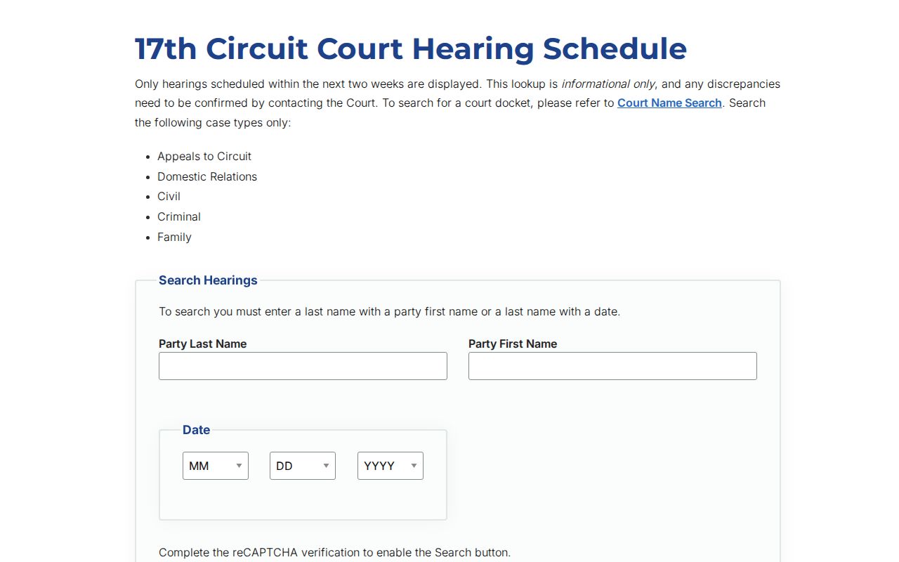 Kent County court calendar hearing schedule search fields
