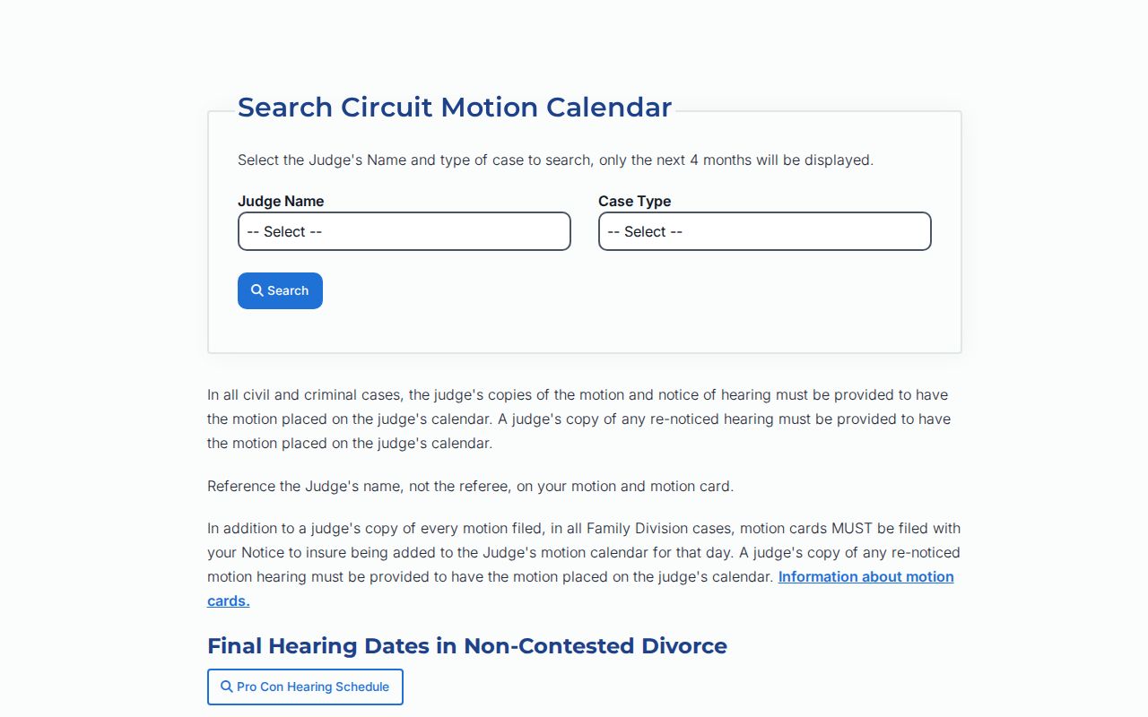 Kent County court calendar motion calendar judge and case type fields