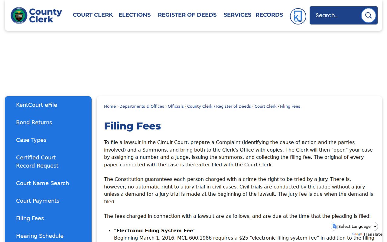 Kent County court records Circuit Court filing and certification fee table