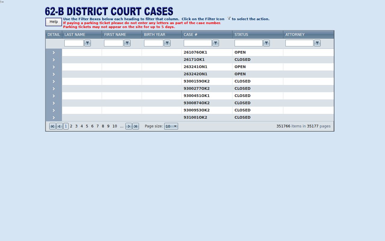 Kentwood court docket 62-B case grid with public search fields