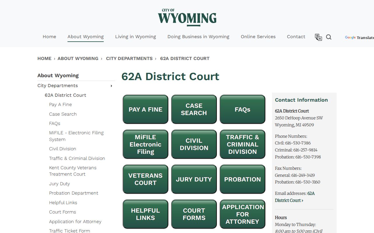 Wyoming court docket 62-A District Court services page
