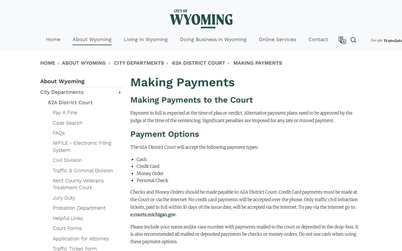 Wyoming court docket 62-A payment instructions