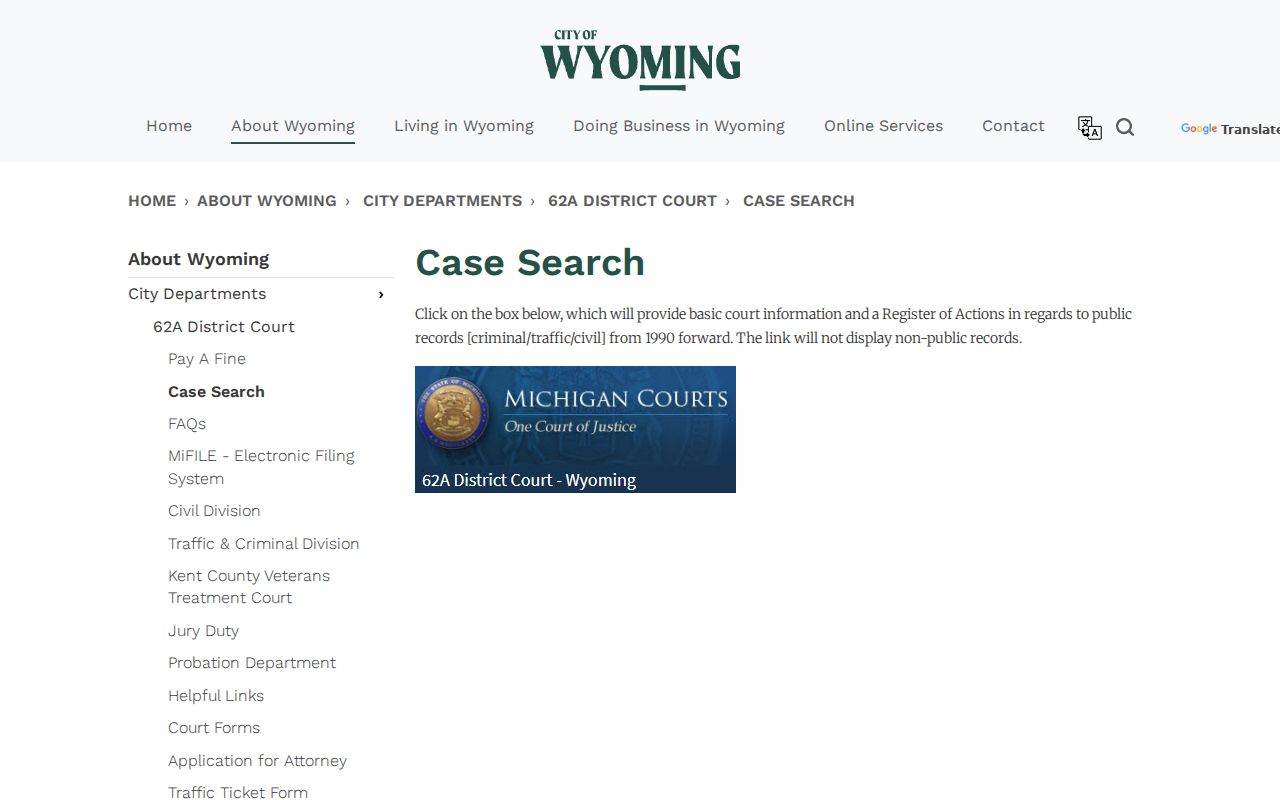 Wyoming court docket 62-A public records search notice